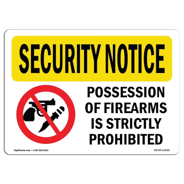 OSHA Security Sign, 3.5" Height, 5" Width, Possession Of FirearmsProhibited, Landscape, 10PK